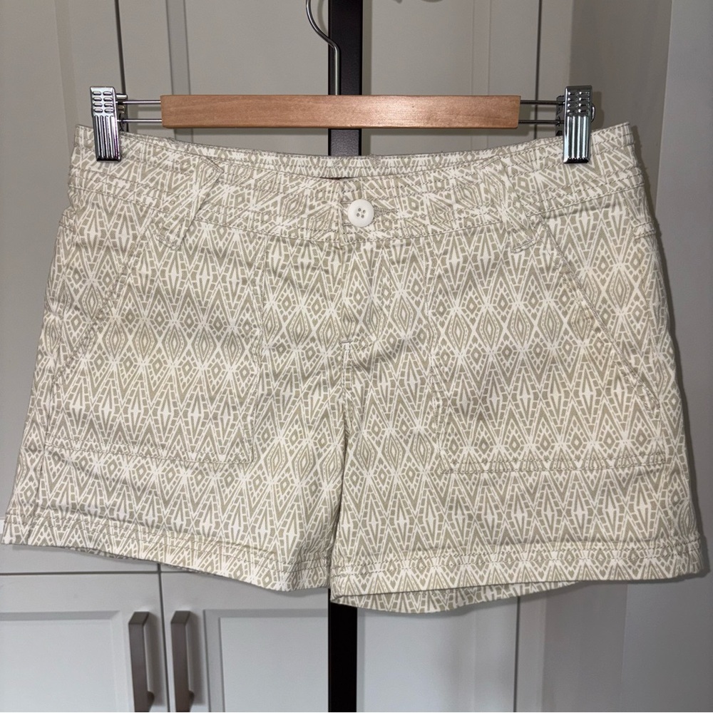 Prana Tess Shorts in Cream & Tan Geometric Pattern Midrise Organic Cotton Size 2